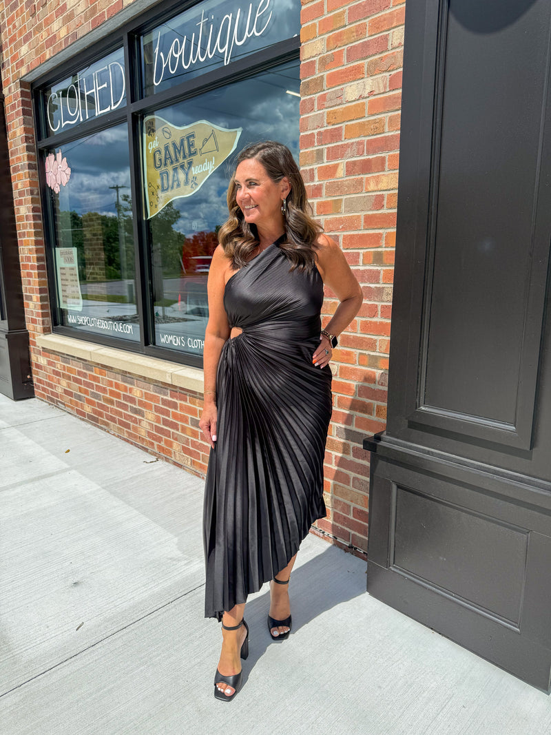 Olympia Asymmetrical Pleated Midi Dress- Black S Olympia Asymmetrical Pleated Midi Dress- Black S