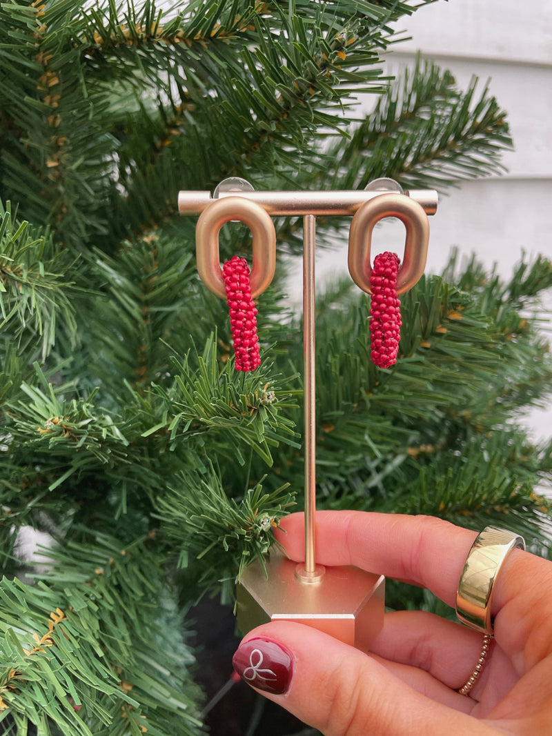 Beaded Oval Link Earrings - Wine