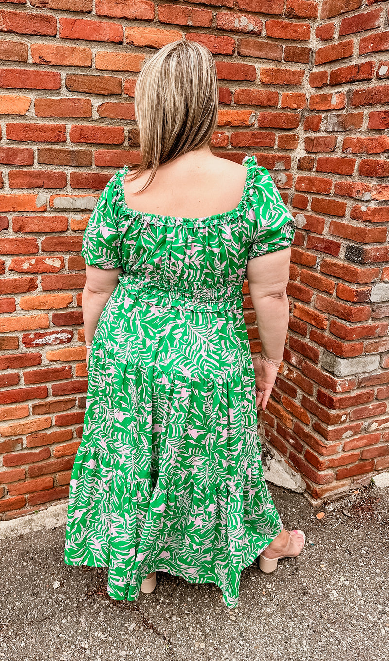 Floral Print Midi Dress - Green/Pink | Curvy