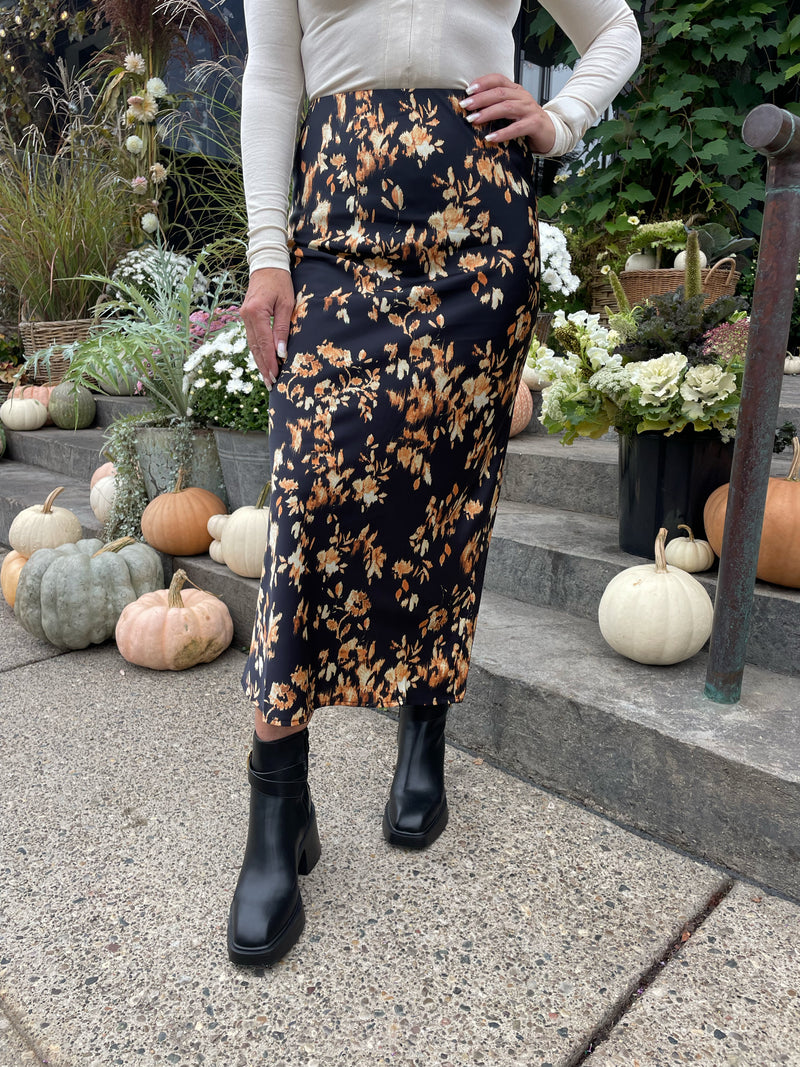 Black Floral Satin Midi Skirt