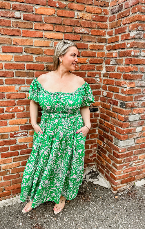 Floral Print Midi Dress - Green/Pink | Curvy