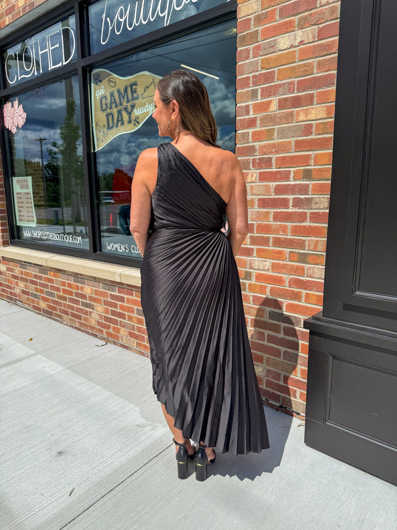 Olympia Asymmetrical Pleated Midi Dress- Black S Olympia Asymmetrical Pleated Midi Dress- Black S