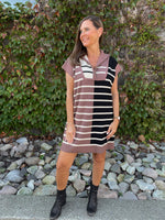 Colorblock Zippered Shirt Dress - Brown/Multi