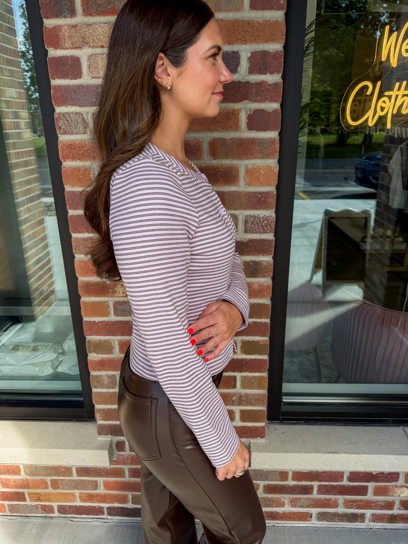 Brooklyn Button Down Striped Top - Pink/Brown