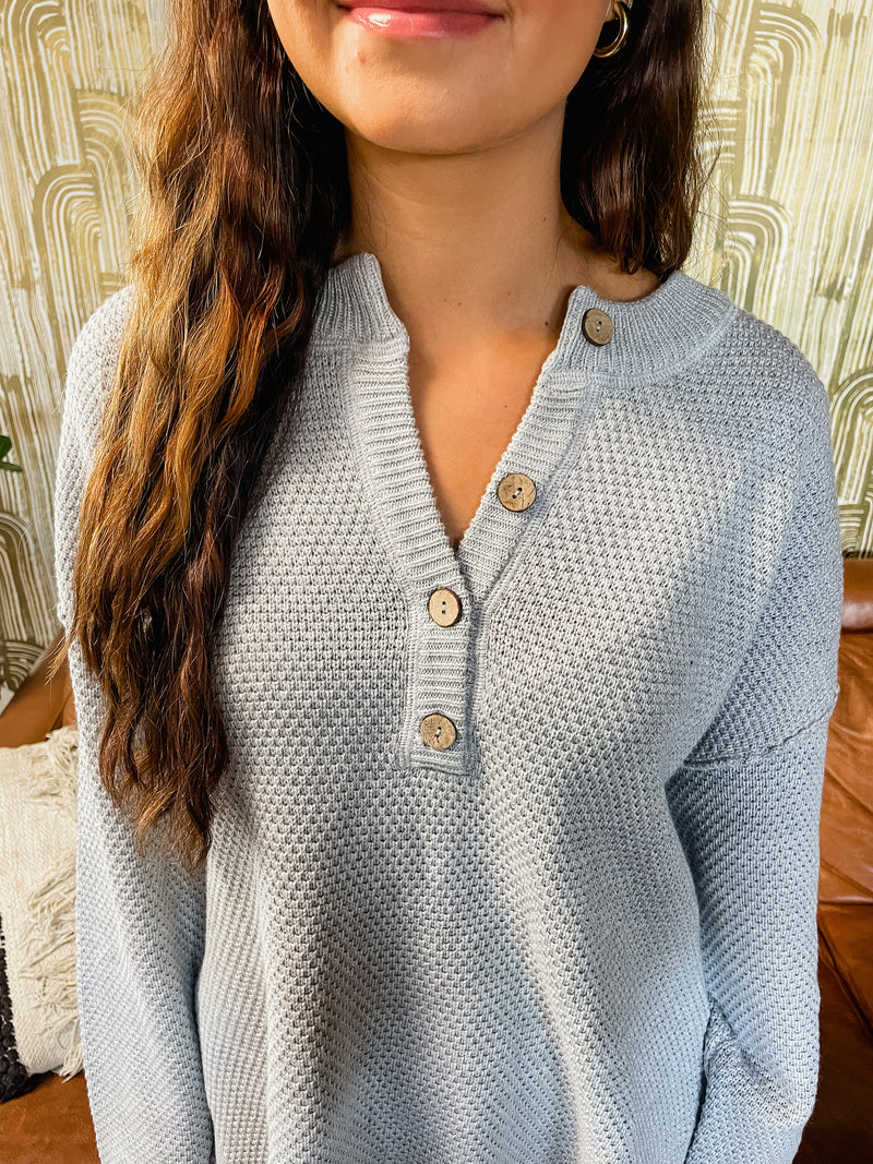 Waffle Knit Button Up Sweater - Heather Grey