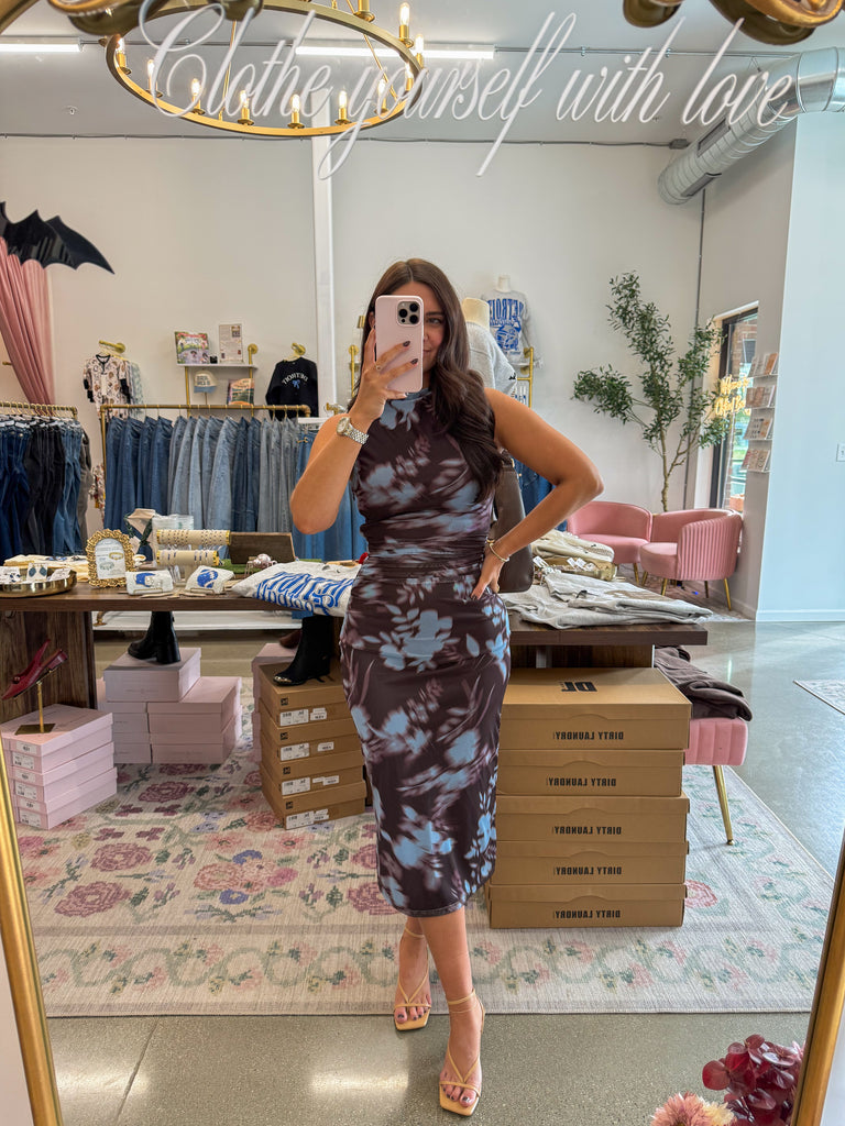 Urban Siren Ruched Midi Dress -Blue/Brown