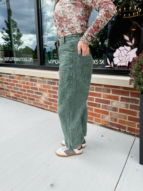 Cami Corduroy Barrel Pants - Olive