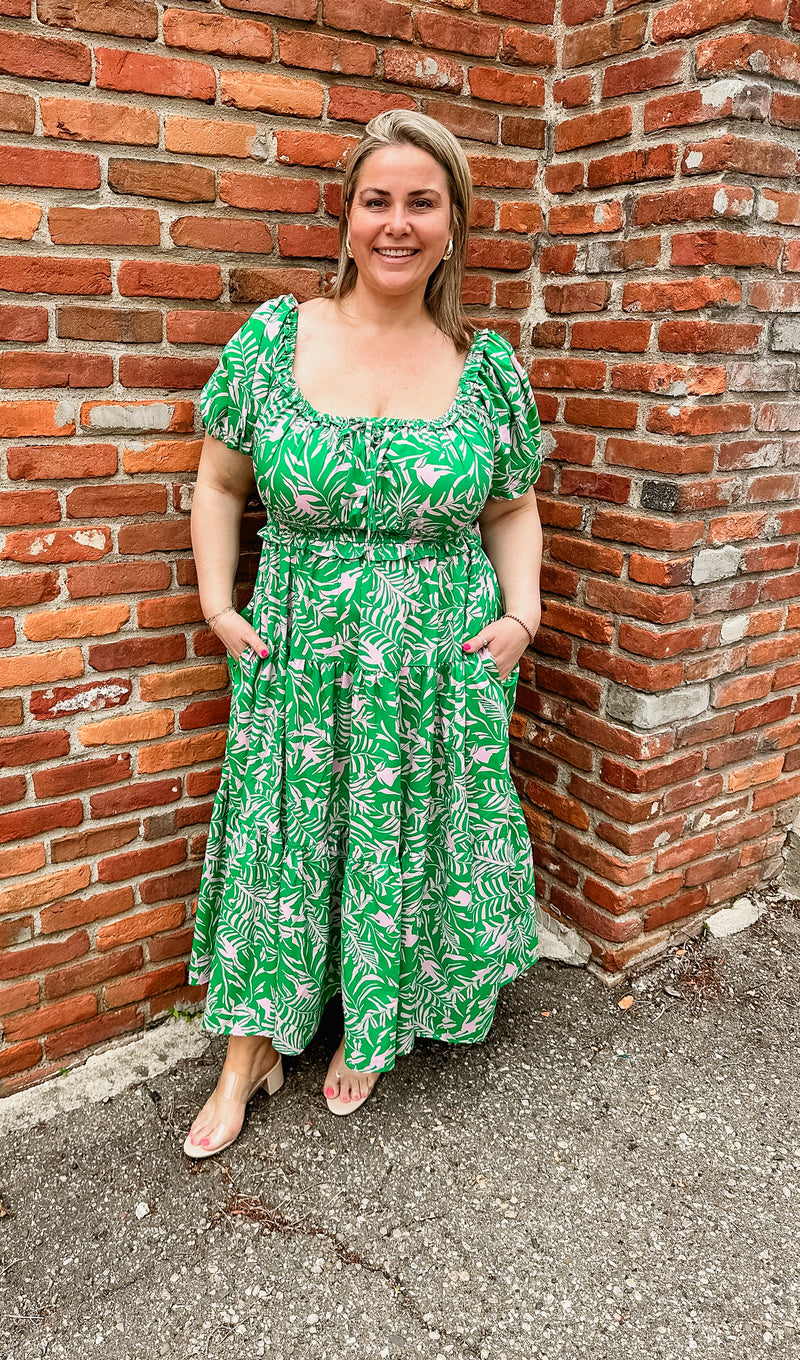Floral Print Midi Dress - Green/Pink | Curvy