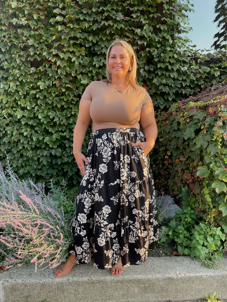 Black Floral Satin Midi Skirt | Curvy