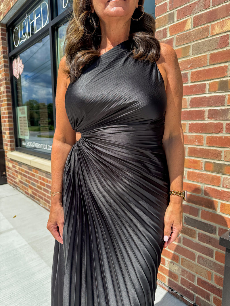 Olympia Asymmetrical Pleated Midi Dress- Black