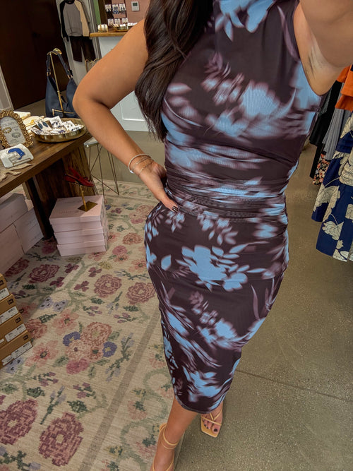 Urban Siren Ruched Midi Dress -Blue/Brown