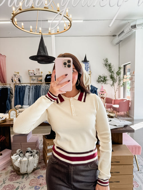 Callie Collared Long Sleeve - Cream/Burgundy
