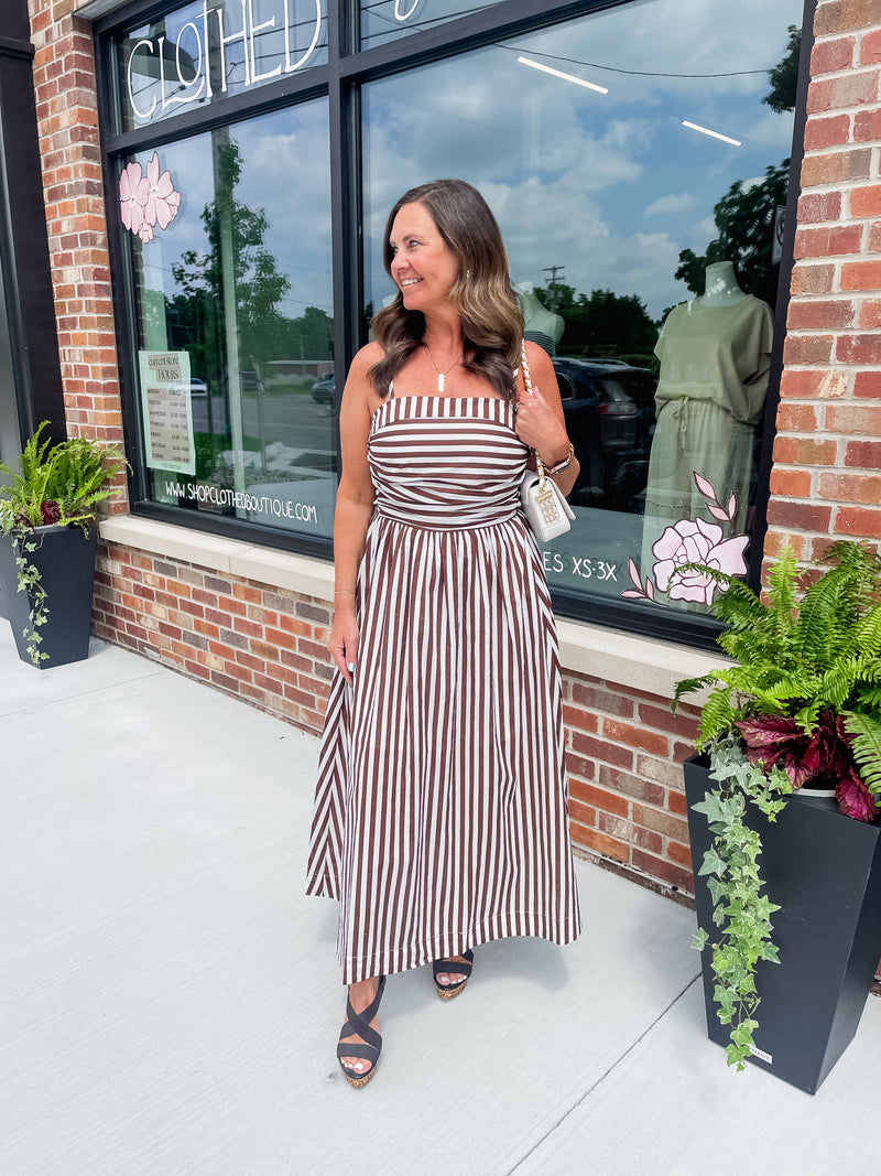 Sarah Striped Midi Dress - Chocolate/White
