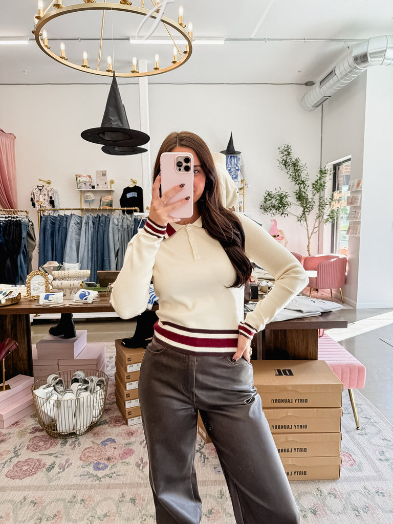 Callie Collared Long Sleeve - Cream/Burgundy