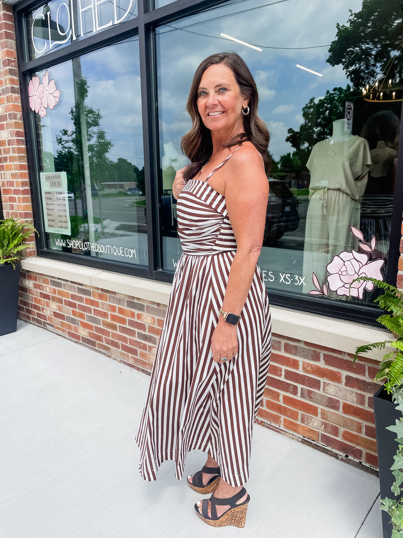 Sarah Striped Midi Dress - Chocolate/White