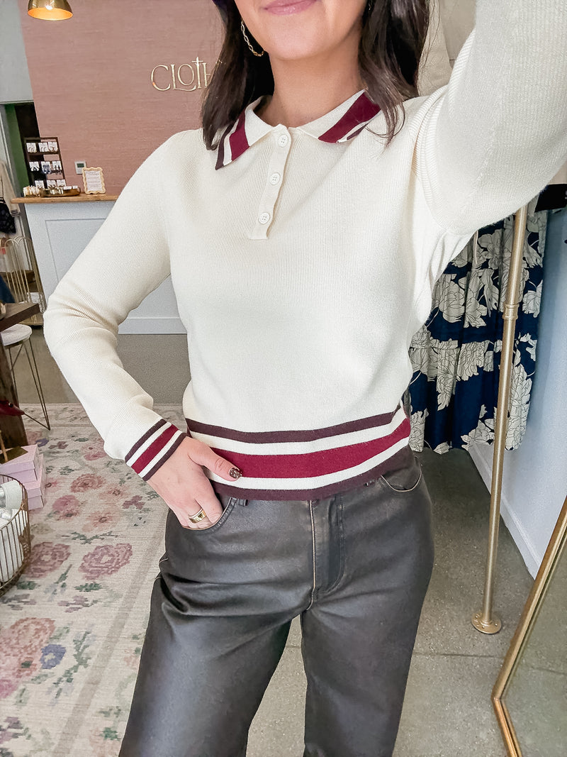 Callie Collared Long Sleeve - Cream/Burgundy