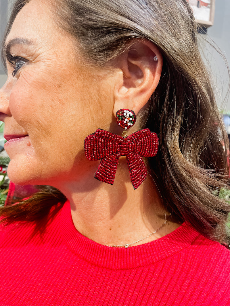 Christmas Bow Beaded Earrings - Red